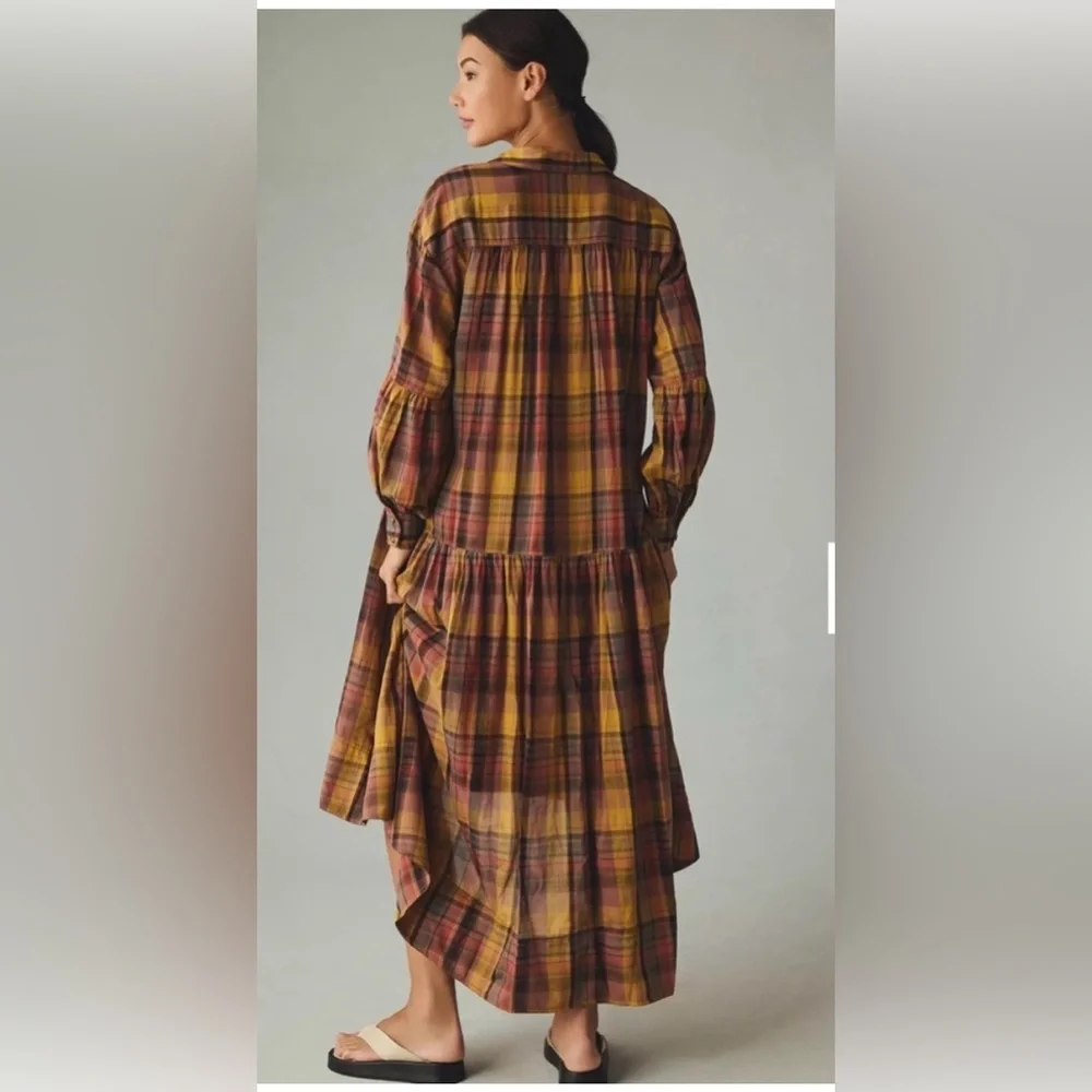 plaid dress Long-Sleeve Tiered High-Low Dress Pilcro/ Anthropologie Sz Xs NWT - Picture 2 of 7